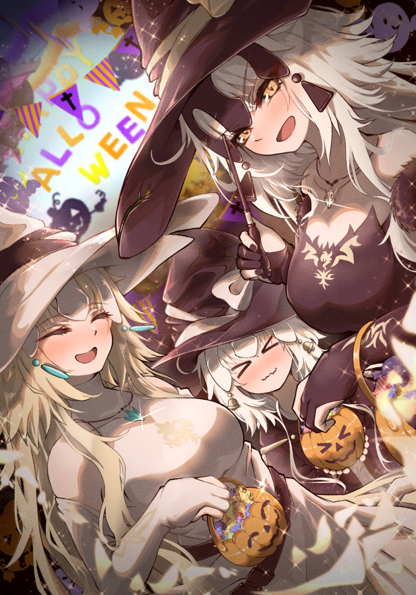3girls bangs bare_shoulders bell black_headwear blonde_hair blush breasts bridal_gauntlets candy closed_eyes closed_mouth detached_sleeves fate/apocrypha fate/grand_order fate_(series) food halloween hat headpiece highres jack-o'-lantern jeanne_d'arc_(alter)_(fate) jeanne_d'arc_(fate) jeanne_d'arc_alter_santa_lily_(fate) jingle_bell large_breasts long_hair looking_at_viewer multiple_girls open_mouth ponytail pumpkin ru_251 silver_hair small_breasts smile sparkle very_long_hair wand wavy_mouth white_headwear witch_hat yellow_eyes