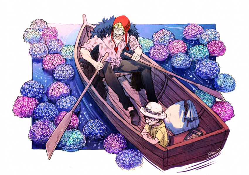 2boys blonde_hair boat book donquixote_rocinante flower flower_on_liquid fur_coat hat headwear_request hydrangea luggage multiple_boys one_piece paddle somura trafalgar_law watercraft