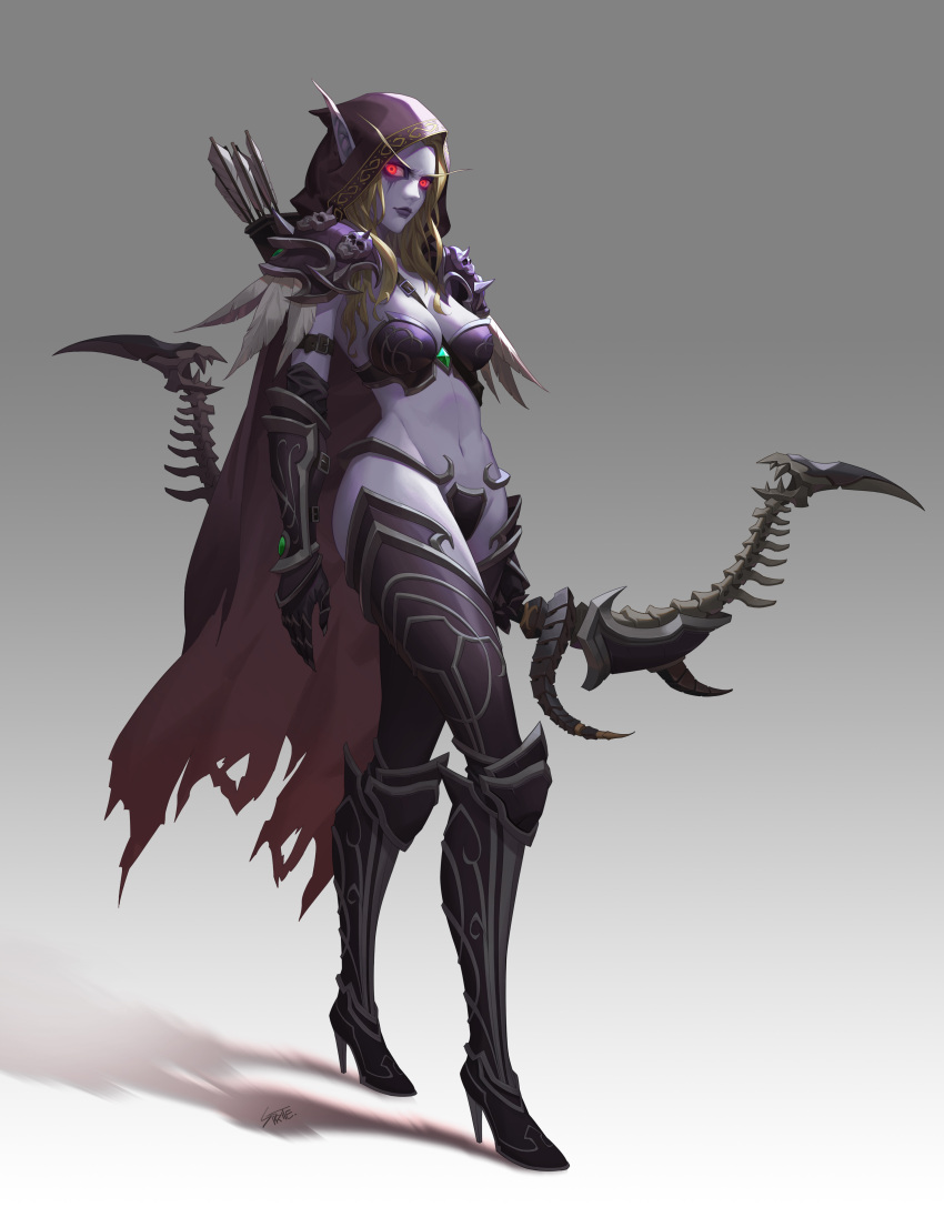 absurdres armor bikini_armor blonde_hair boots bow cloak_removed colored_skin elf full_moon glowing glowing_eyes highres hood long_eyebrows midriff moon navel pointy_ears purple_skin quiver red_eyes shoulder_armor sylvanas_windrunner thigh-highs thigh_boots undead warcraft world_of_warcraft