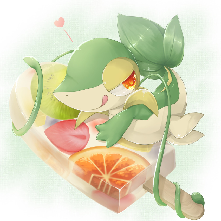 animal_focus closed_mouth commentary_request food food_focus fruit full_body gradient gradient_background green_background half-closed_eyes happy heart highres in_food kakiikada kiwi_slice kiwifruit licking_lips looking_to_the_side lying no_humans on_side orange_(fruit) orange_slice oversized_food pokemon pokemon_(creature) popsicle red_eyes shiny shiny_skin sideways_mouth simple_background smile snivy solo strawberry tentacles tongue tongue_out