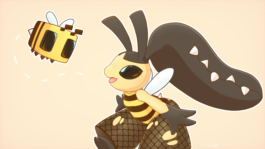 bare_arms bee brown_eyes bug commentary english_commentary fishnet_legwear fishnets from_side halloween highres leotard mawaifu mawile open_mouth pokemon pokemon_(creature) shiny smile striped striped_leotard tongue torn_clothes torn_legwear yellow_leotard