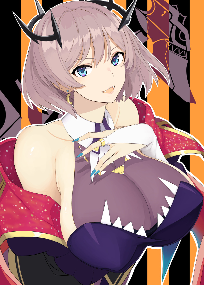 1girl absurdres blue_eyes blue_nails breasts bridal_gauntlets brown_hair crown earrings fangs gridman_universe halloween_costume hand_on_own_chest highres jewelry large_breasts mujina reibun_(raven1119) ssss.dynazenon