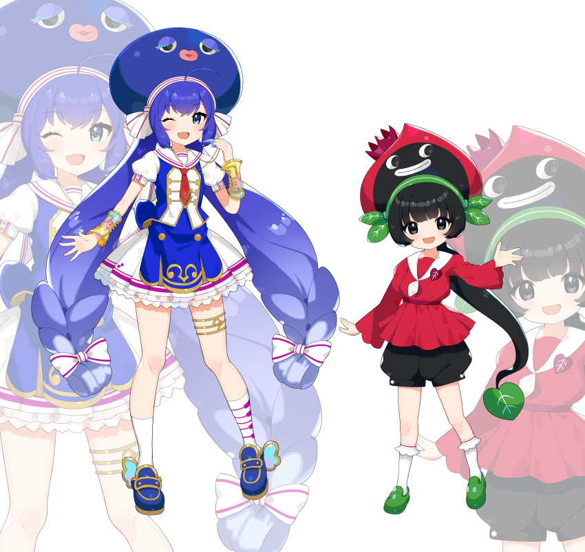 2girls :d absurdres black_eyes black_hair black_shorts blue_eyes blue_footwear blue_hair blue_skirt blue_vest bow braid dress fang gradient_hair green_footwear hair_bow highres holding holding_whistle inuyama_nanami long_hair long_sleeves looking_at_viewer multicolored_hair multiple_girls musical_note necktie one_eye_closed otomachi_una personification ponytail puffy_shorts red_dress red_necktie sailor_collar shoes shorts skin_fang skirt smile socks twin_braids utagi_imo very_long_hair vest vocaloid whistle whistle_around_neck white_bow white_legwear white_sailor_collar wristband zoom_layer