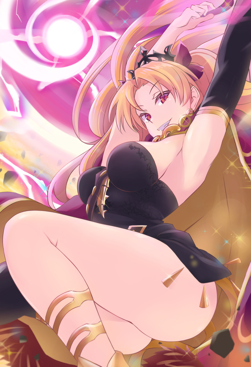 1girl absurdres armpits arms_up bangs black_dress blonde_hair breasts cape dress earrings ereshkigal_(fate) eyebrows_visible_through_hair fate/grand_order fate_(series) gold_trim highres hoop_earrings infinity jewelry large_breasts looking_at_viewer multicolored_background multicolored_cape multicolored_clothes naopy parted_bangs red_cape red_eyes single_sleeve single_thighhigh smile solo spine thigh-highs thighs tiara two_side_up yellow_cape yellow_footwear