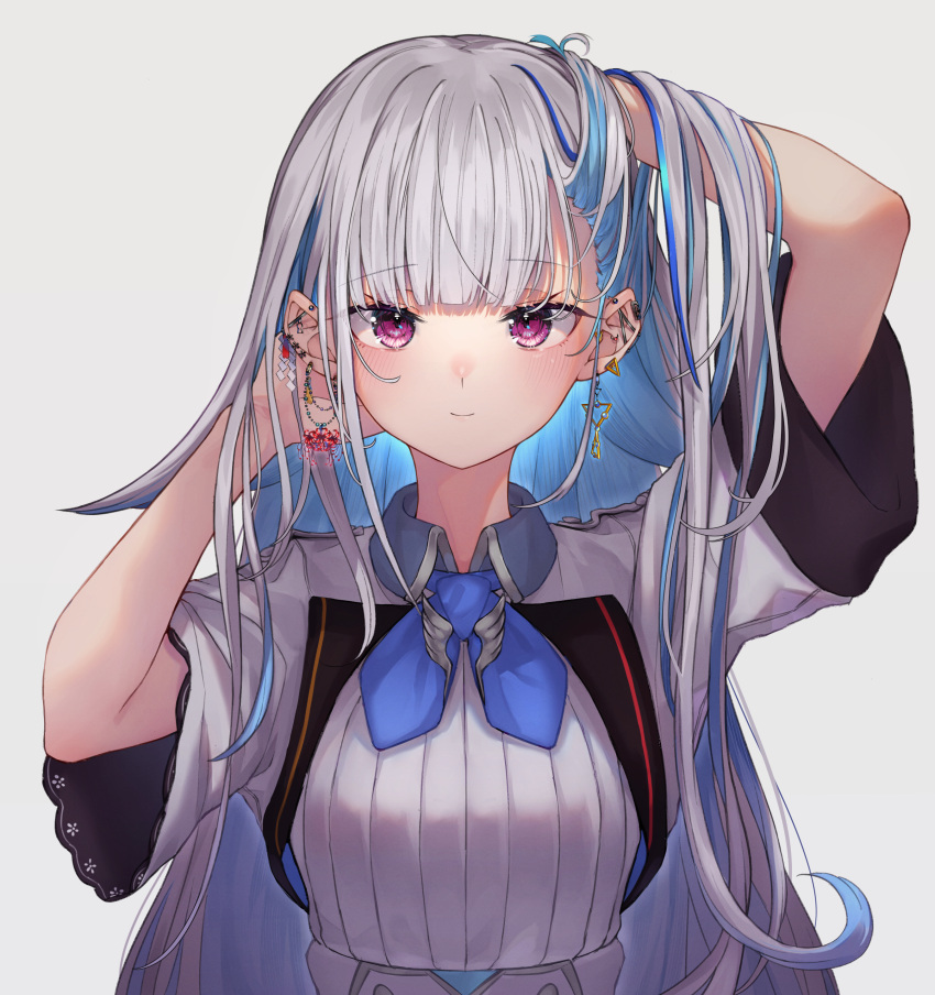 1girl absurdres arm_up bangs blue_hair blue_neckwear blush closed_mouth colored_inner_hair commentary_request ear_piercing earrings eyebrows_visible_through_hair hand_up hands_in_hair highres jacket jewelry lize_helesta long_hair looking_at_viewer multicolored_hair nenehotoso nijisanji piercing shirt short_sleeves silver_hair simple_background smile solo upper_body violet_eyes virtual_youtuber white_background white_jacket white_shirt