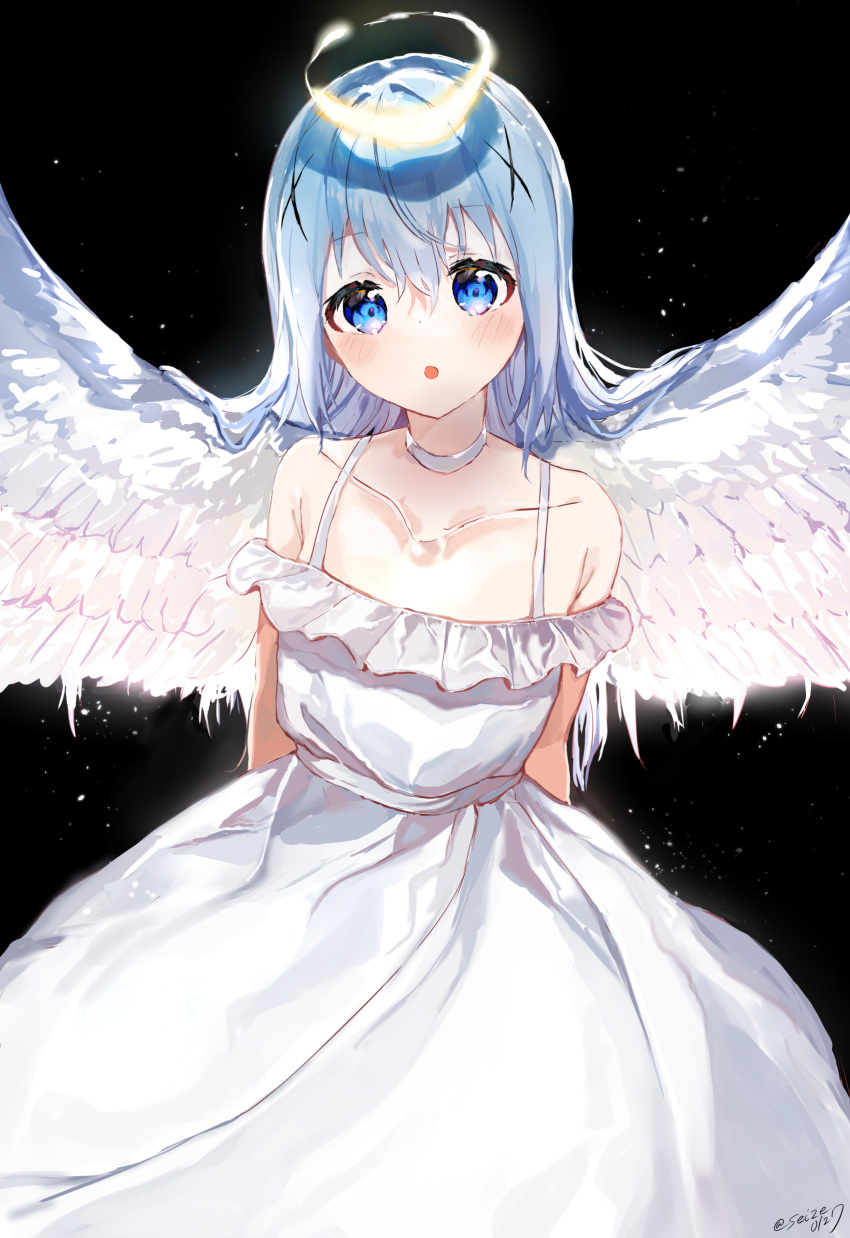 1girl :o absurdres angel angel_wings arms_behind_back bare_shoulders black_background blue_eyes blue_hair choker collarbone commentary_request dress eyebrows_visible_through_hair feathered_wings gochuumon_wa_usagi_desu_ka? hair_between_eyes hair_ornament halo highres kafuu_chino long_hair looking_at_viewer open_mouth seize simple_background solo spread_wings sundress upper_body white_choker white_dress white_wings wings x_hair_ornament