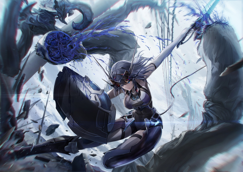 1girl bangs blood blue_blood blue_eyes bodysuit breasts collarbone dark_blue_hair debris elbow_gloves glint gloves goggles goggles_on_head headgear highres holding holding_shield holding_sword holding_weapon large_breasts leg_armor long_hair morichika_shuuto original power_lines shield sleeveless solo sword tail tentacles utility_pole weapon
