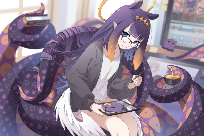 1girl absurdres animal_ears ao-chan_(ninomae_ina'nis) bangs black_cardigan blonde_hair blue_eyes blunt_bangs cardigan commentary cup disposable_cup drinking_straw eyebrows_visible_through_hair fang fang_out glasses gradient_hair halo highres holding holding_cup holding_stylus holding_tablet_pc hololive hololive_english long_hair long_sleeves low_wings masabodo multicolored_hair ninomae_ina'nis open_cardigan open_clothes puffy_long_sleeves puffy_sleeves purple_hair shirt sitting skin_fang stylus tablet_pc tako_(ninomae_ina'nis) tentacles tiara very_long_hair virtual_youtuber white_shirt white_wings wings