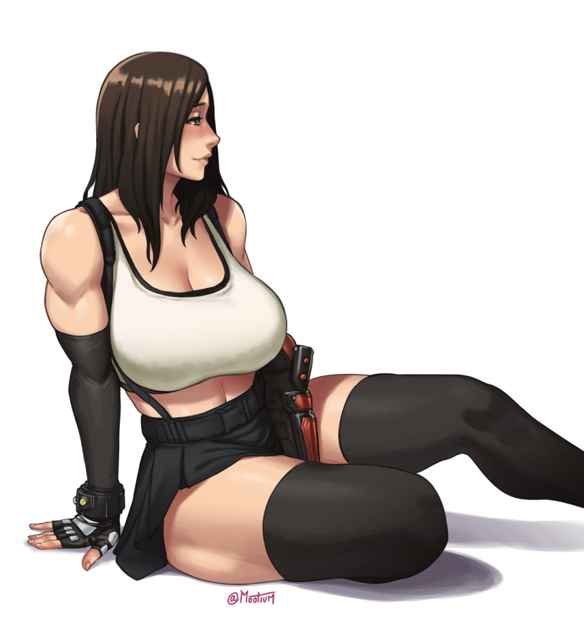 1girl black_hair final_fantasy final_fantasy_vii final_fantasy_vii_remake gloves highres leather_skirt long_hair midriff mootium muscular muscular_female sitting sleeveless smile sports_bra tank_top thigh-highs tifa_lockhart