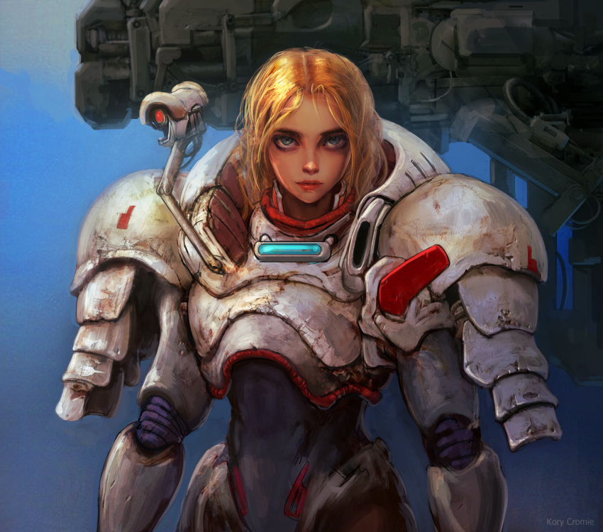 1girl armor blonde_hair blue_eyes cable cyberpunk damaged dirty dragon's_heaven ikuuru kory_cromie lips long_hair looking_at_viewer machinery mecha power_armor realistic science_fiction signature soldier upper_body