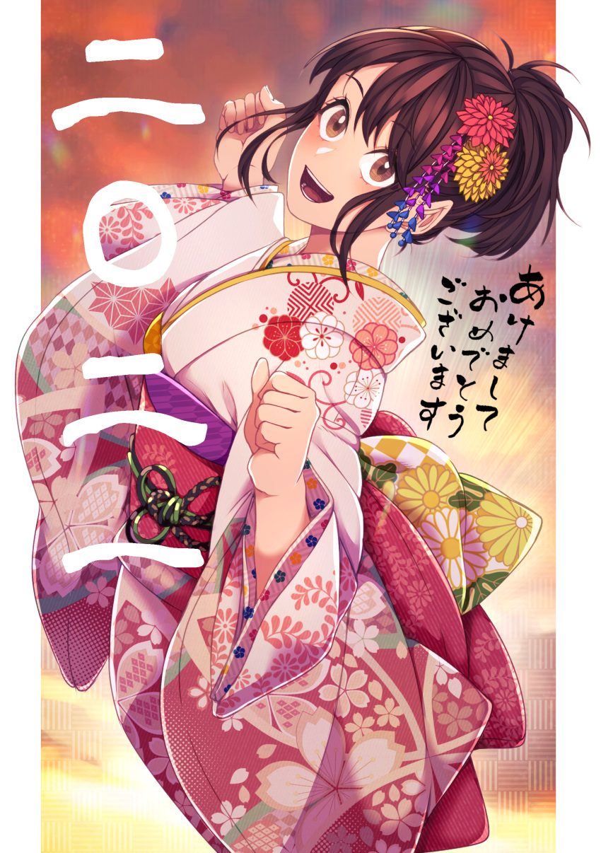 1girl :d absurdres brown_eyes brown_hair eyebrows_visible_through_hair floral_print flower gintama hair_flower hair_ornament happy_new_year highres japanese_clothes kimono kobaji new_year ponytail sash shimura_tae smile solo wide_sleeves