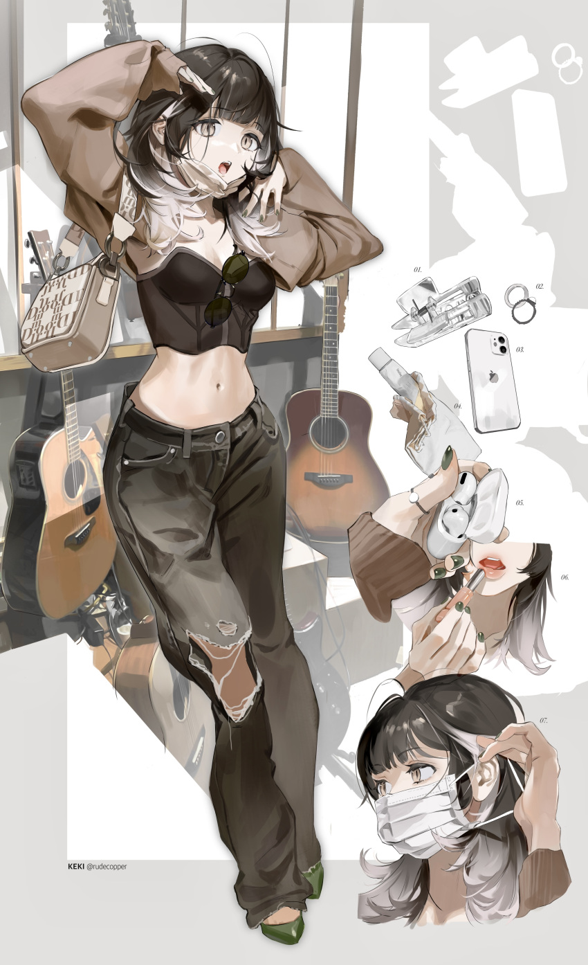 1girl absurdres bangs black_hair cosmetics denim guitar highres instrument jeans keki_chogyegi lipstick lipstick_tube makeup mask mouth_mask navel original pants sunglasses