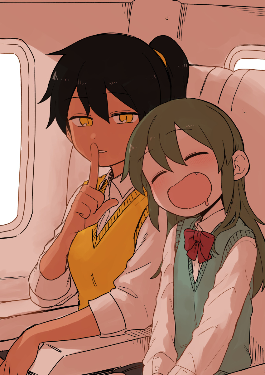 2girls absurdres aircraft airplane airplane_interior aqua_sweater_vest armrest bangs black_hair blush bow bowtie closed_eyes collared_shirt commentary dark-skinned_female dark_skin dress_shirt drooling fang finger_to_mouth green_eyes green_hair hair_between_eyes hair_down height_difference highres igarashi_futaba_(shiromanta) index_finger_raised kurobe_natsumi_(shiromanta) long_hair long_sleeves looking_at_viewer medium_hair multiple_girls open_mouth parted_lips ponytail red_bow red_bowtie seat senpai_ga_uzai_kouhai_no_hanashi shiromanta shirt short_hair shushing sitting sleeping sleeping_upright slit_pupils smile sweater_vest tan v_arms white_shirt window yellow_eyes yellow_sweater_vest younger