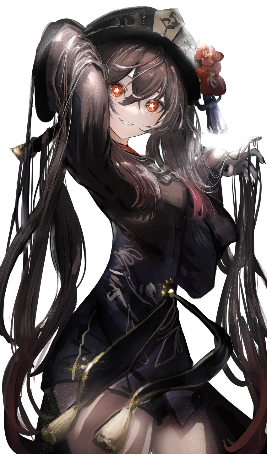 1girl absurdres arm_up bangs black_coat black_headwear black_nails black_shorts brown_hair coat cowboy_shot crossed_bangs flower from_side genshin_impact grin hand_in_hair hand_up hat hat_flower highres hu_tao_(genshin_impact) long_hair long_sleeves looking_at_viewer nail_polish nanaponi plum_blossoms porkpie_hat red_eyes red_shirt shirt shorts simple_background smile solo standing star-shaped_pupils star_(symbol) symbol-shaped_pupils tassel twintails very_long_hair white_background