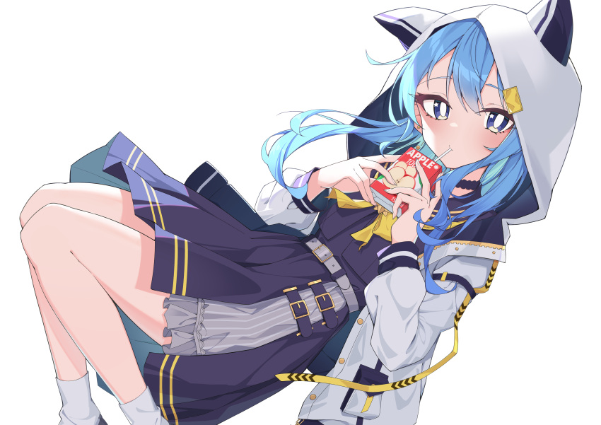 1girl absurdres animal_hood bangs blue_hair choker commentary_request dress drinking_straw_in_mouth eyebrows_visible_through_hair feet_out_of_frame highres holding hololive hood hood_up hooded_jacket hoshimachi_suisei jacket juice_box long_hair long_sleeves looking_at_viewer official_alternate_costume open_clothes open_jacket purple_choker purple_dress quarterlift simple_background socks solo star_(symbol) star_in_eye symbol_in_eye virtual_youtuber white_background white_jacket white_legwear