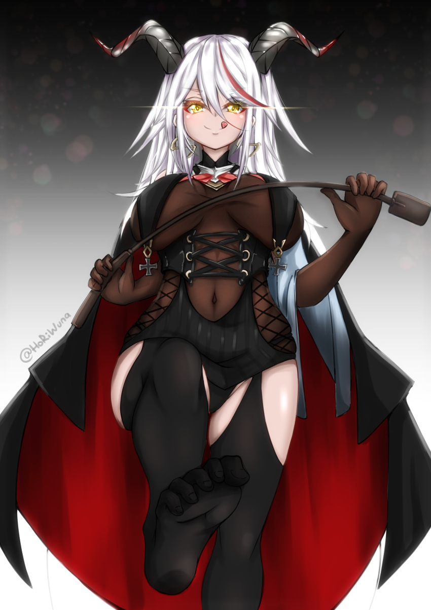 1girl :q absurdres aegir_(azur_lane) artist_name azur_lane black_cape bodystocking breast_curtains breasts brown_gloves cape covered_navel cross cross-laced_clothes cross_earrings demon_horns earrings elbow_gloves from_below gloves gradient gradient_background grey_background highres holding holding_whip horns iron_cross jewelry large_breasts long_hair looking_at_viewer looking_down multicolored_hair redhead simple_background skin_tight solo streaked_hair tongue tongue_out two-tone_hair underbust white_hair wunahori yellow_eyes