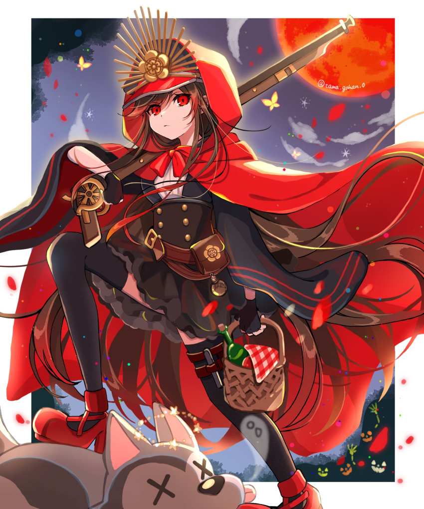 1girl antique_firearm arquebus belt belt_buckle border bottle brown_hair buckle bug butterfly corked_bottle expressionless fate/grand_order fate_(series) gun hi_(wshw5728) highres jack-o'-lantern long_hair looking_at_viewer moon night oda_nobunaga_(fate) oda_uri outside_border over_shoulder petals picnic_basket red_eyes red_footwear red_moon solo thigh-highs thighs very_long_hair weapon weapon_over_shoulder white_border wine_bottle