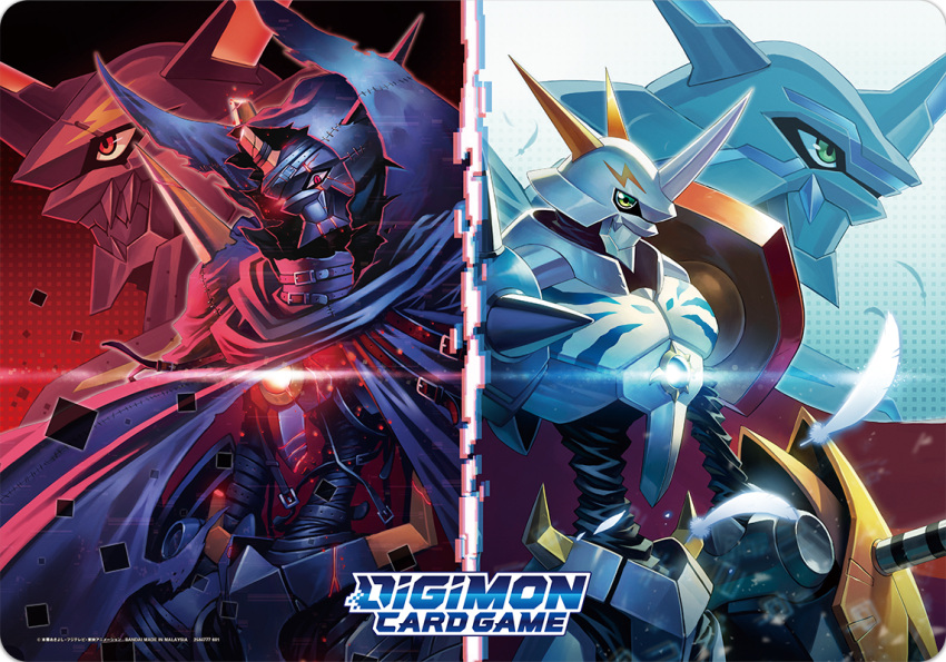 arm_cannon armor belt belt_collar broken_horn cape collar commentary_request company_name copyright_name digimon digimon_(creature) falling_feathers from_side glowing green_eyes hood hood_up horns lightning_bolt_symbol logo looking_at_viewer looking_to_the_side multiple_belts no_humans official_art omegamon omegamon_zwart_d red_eyes sasasi shoulder_spikes single_horn spikes split_screen torn_cape torn_clothes weapon white_feathers zoom_layer