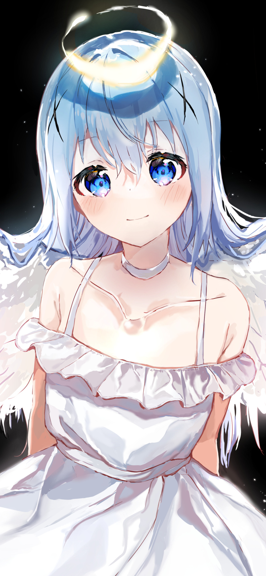 1girl absurdres angel angel_wings arms_behind_back bare_shoulders black_background blue_eyes blue_hair choker collarbone commentary_request dress eyebrows_visible_through_hair feathered_wings gochuumon_wa_usagi_desu_ka? hair_between_eyes hair_ornament halo highres kafuu_chino long_hair looking_at_viewer seize simple_background smile solo spread_wings sundress upper_body white_choker white_dress white_wings wings x_hair_ornament