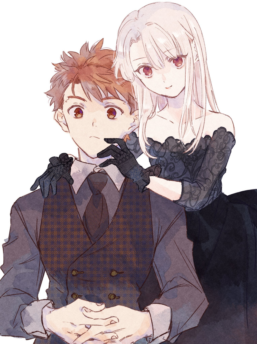1boy 1girl alternate_costume bangs black_dress black_gloves black_necktie black_skirt black_suit black_vest brother_and_sister buttons closed_mouth collarbone commentary dress emiya_shirou eyebrows_visible_through_hair fate/stay_night fate_(series) fingernails formal gloves hair_between_eyes hands_on_another's_face hands_on_another's_shoulder highres illyasviel_von_einzbern lips long_hair long_sleeves looking_at_viewer machi_(uqyjee) necktie off-shoulder_dress off_shoulder orange_eyes orange_hair own_hands_together pink_lips pointy_hair red_eyes short_hair siblings silver_hair simple_background skirt smile suit vest white_background