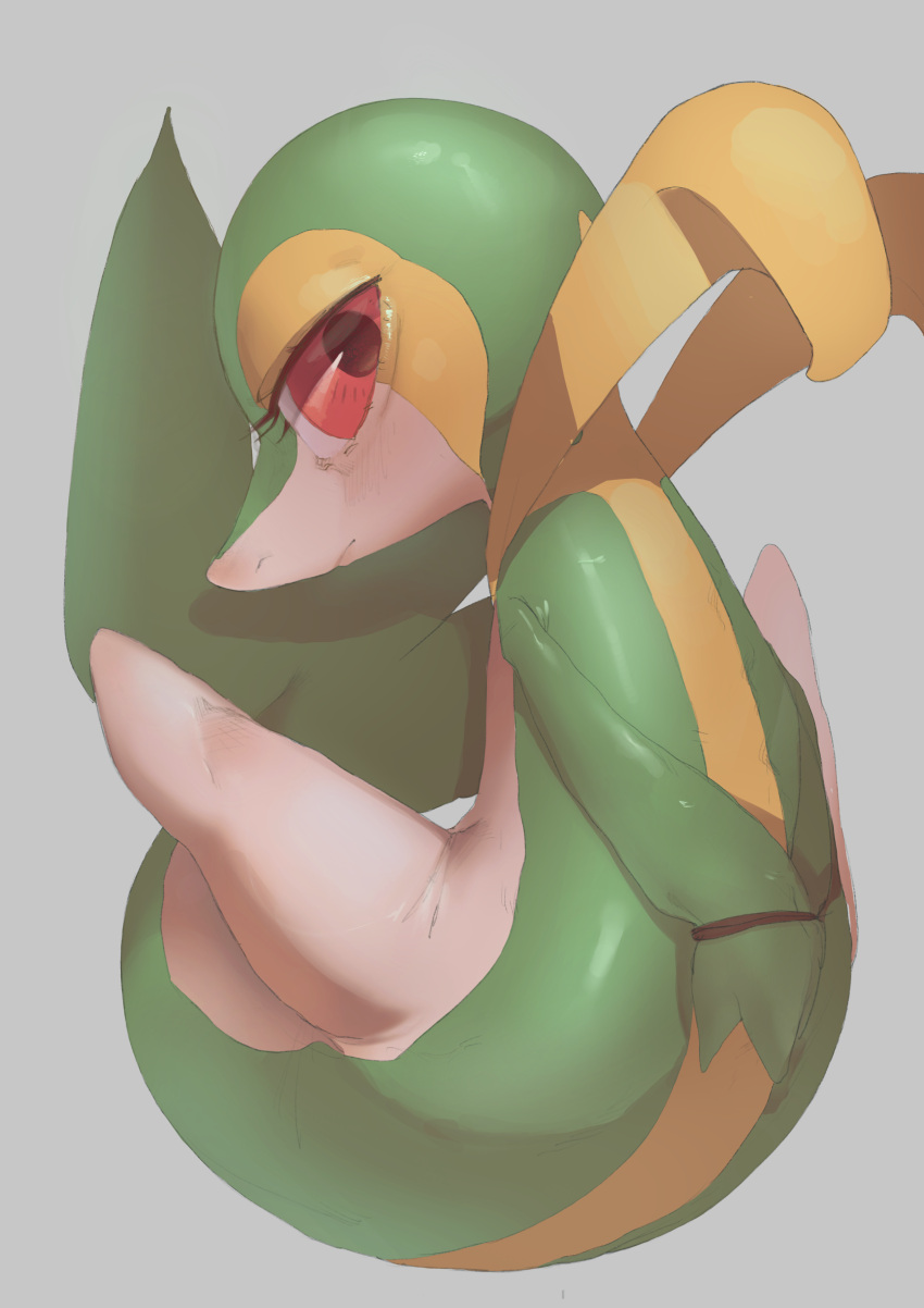 absurdres azre closed_mouth commentary_request eyelashes grey_background highres looking_at_viewer no_humans pokemon pokemon_(creature) red_eyes shiny simple_background snivy solo