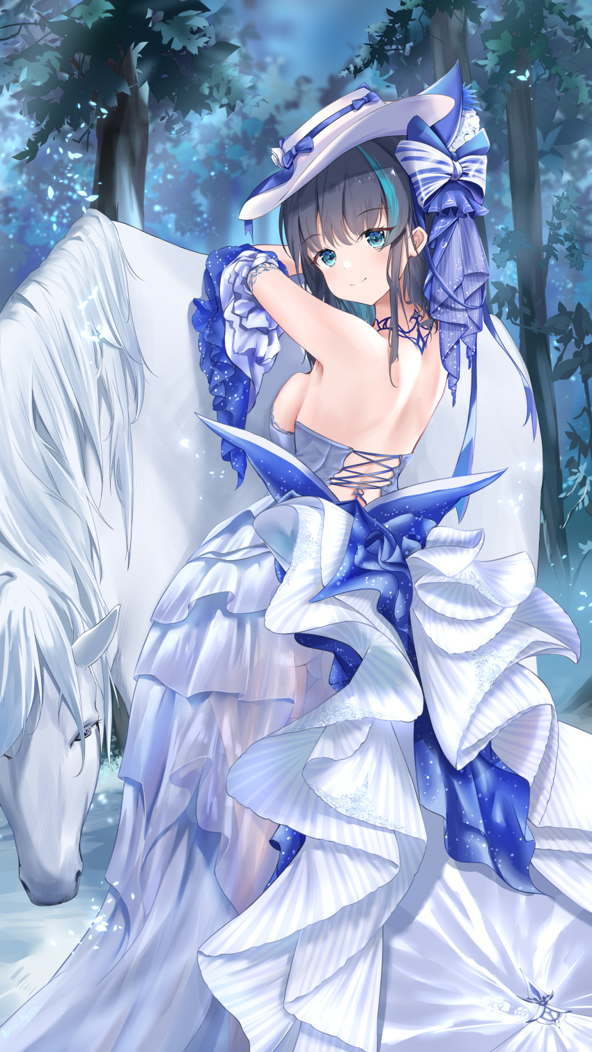 1girl absurdres aqua_eyes aqua_hair arino_ayarei azur_lane backless_dress backless_outfit bareback blue_ribbon breasts cheshire_(azur_lane) cheshire_(the_cat_and_the_white_steed)_(azur_lane) detached_sleeves dress evening_gown frilled_dress frills from_behind hat highres horse large_breasts layered_dress looking_at_viewer looking_back medium_hair multicolored_hair official_alternate_costume outdoors purple_hair ribbon smile solo sun_hat two-tone_hair white_dress white_headwear white_horse