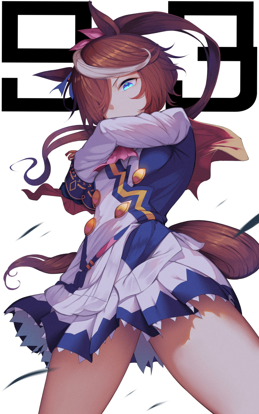 1girl absurdres animal_ears ascot blue_eyes blue_jacket blue_skirt brown_hair buttons cowboy_shot determined double-breasted epaulettes hair_flaps high_ponytail highres horse_ears horse_girl horse_tail jacket long_hair long_sleeves miniskirt multicolored_clothes multicolored_hair multicolored_jacket pink_ascot pink_ribbon pleated_skirt ribbon serious single_epaulette skirt solo streaked_hair tail tokai_teio_(umamusume) two-tone_hair two-tone_jacket two-tone_skirt umamusume white_hair white_jacket white_skirt yamato_(muchuu_paradigm)