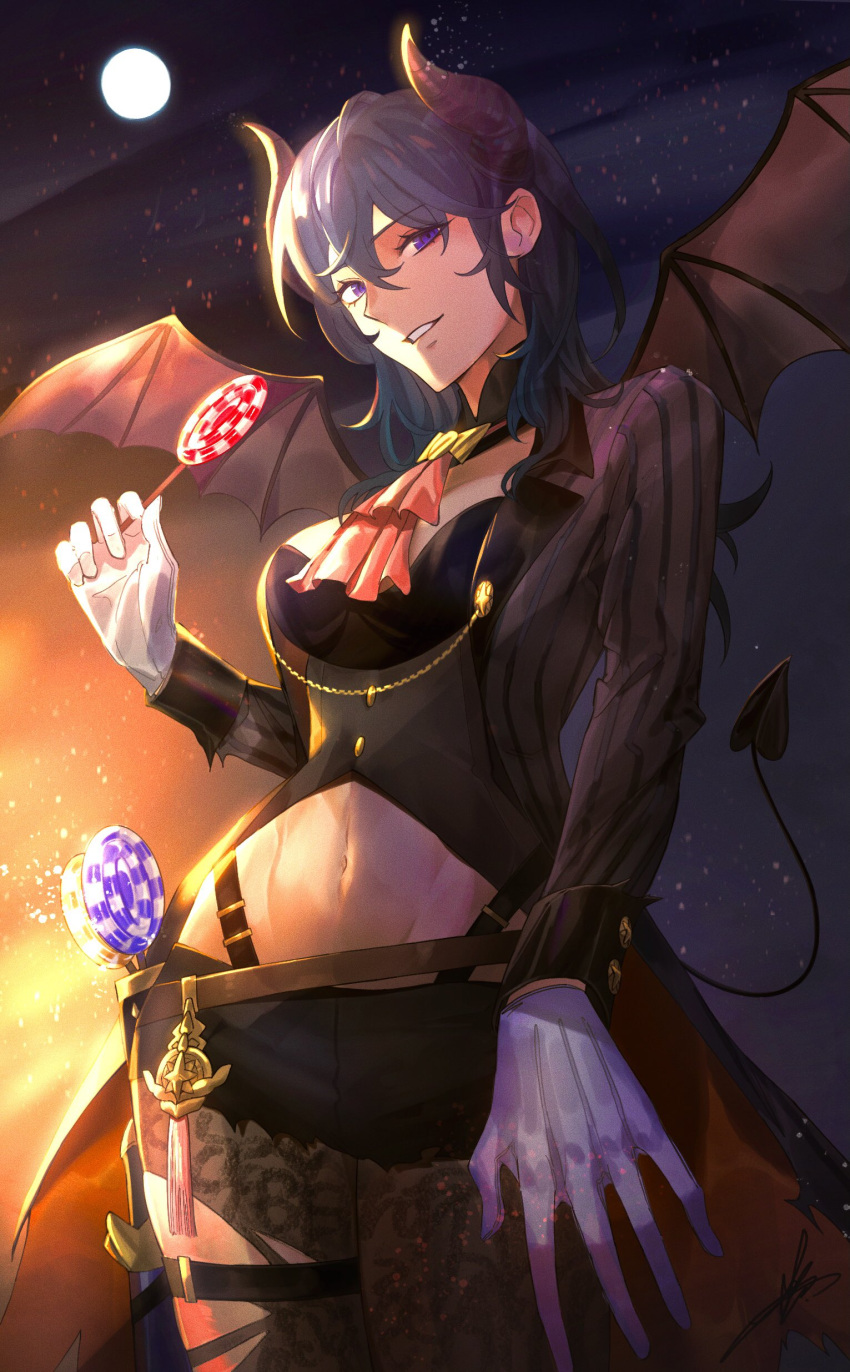1girl absurdres alternate_costume ascot bangs black_horns black_shorts blue_eyes blue_hair breasts buttons byleth_(fire_emblem) byleth_(fire_emblem)_(male)_(cosplay) byleth_eisner_(female) byleth_eisner_(male) candy clothing_cutout commentary cosplay curled_horns demon_horns demon_tail demon_wings embers english_commentary eyebrows_visible_through_hair fake_horns fake_tail fake_wings fire_emblem fire_emblem:_three_houses fire_emblem_heroes food gloves grin hair_between_eyes halloween halloween_costume highres holding holding_candy holding_food holding_lollipop horns jacket large_breasts lollipop long_hair long_sleeves looking_at_viewer moon navel navel_cutout night open_clothes open_jacket outdoors pink_neckwear seductive_smile short_shorts shorts smile solo striped striped_jacket tail teeth toho10min white_gloves wings