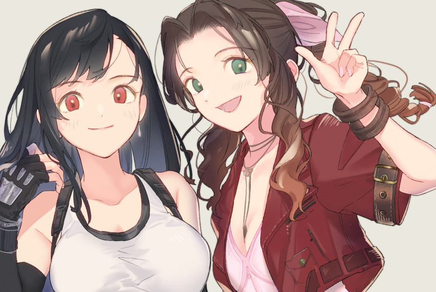 2girls aerith_gainsborough black_gloves black_hair blush breasts brown_hair dress earrings elbow_gloves final_fantasy final_fantasy_vii final_fantasy_vii_remake fingerless_gloves fujie-yz gloves green_eyes grey_hair hair_ribbon highres jewelry large_breasts long_hair looking_at_viewer multiple_girls necklace open_mouth pink_dress pink_ribbon ponytail red_eyes ribbon short_sleeves sidelocks simple_background small_breasts tank_top tifa_lockhart upper_body w white_tank_top