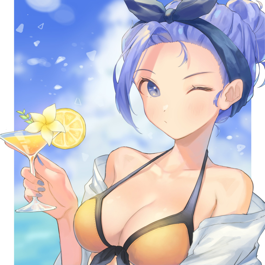 1girl absurdres bangs bare_shoulders bikini blue_eyes blue_hair blue_nails blush border clouds cup flower food fruit fujie-yz hair_bun highres holding holding_cup lemon lemon_slice looking_at_viewer minah_(chaesu) nail_polish off_shoulder one_eye_closed original portrait sky solo swimsuit tropical_drink white_flower yellow_bikini