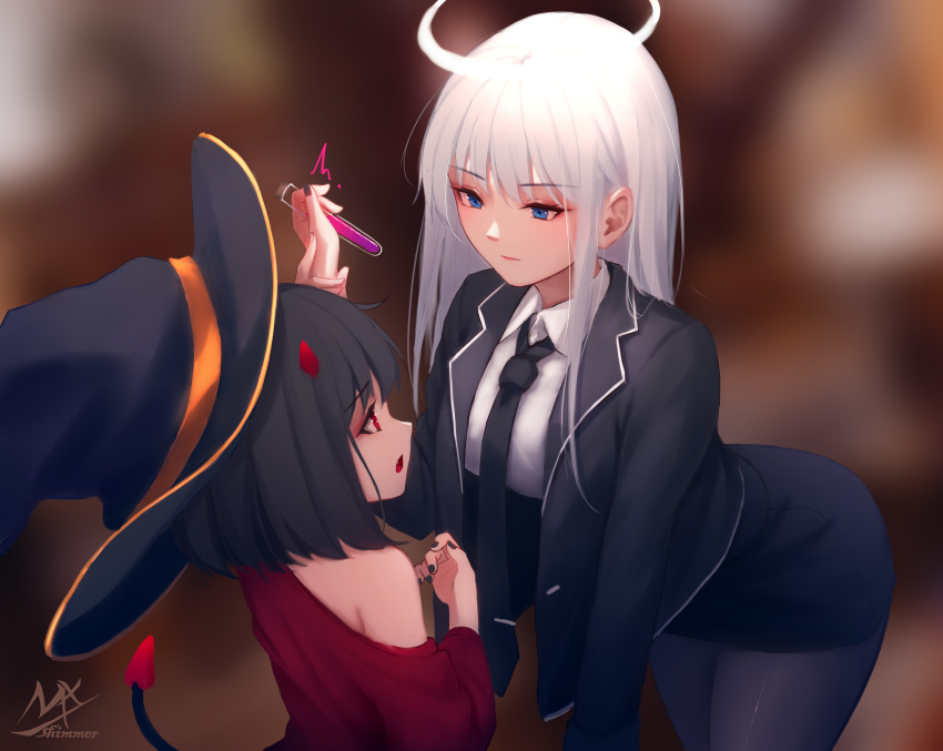 2girls angel_and_devil angel_girl_(shimmer) arm_up artist_name bangs bent_over black-haired_demon_girl_(shimmer) black_hair black_headwear black_necktie black_skirt blue_eyes blurry blurry_background collared_shirt demon_girl demon_horns demon_tail eyebrows_visible_through_hair halo hat highres holding holding_another's_wrist horns long_hair looking_at_another medium_hair multiple_girls necktie original pantyhose potion red_horns red_shirt shimmer shirt signature skirt smile symbol-only_commentary tail white_hair white_shirt witch_hat younger yuri