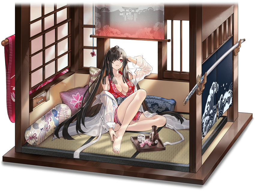 1girl ark_order artist_request bangs bare_legs black_hair bottle bow breasts choko_(cup) cup elbow_rest full_body grey_bow grey_sash hair_over_one_eye highres japanese_clothes katana kimono large_breasts long_hair long_sleeves official_art ookuninushi_(ark_order) parted_lips red_eyes red_kimono sake_bottle see-through_shirt sheath sheathed shirt short_kimono sideboob sidelocks sitting sleeve_cuffs sleeveless sleeveless_kimono solo sword tachi-e tatami transparent_background very_long_hair weapon white_shirt window wooden_wall