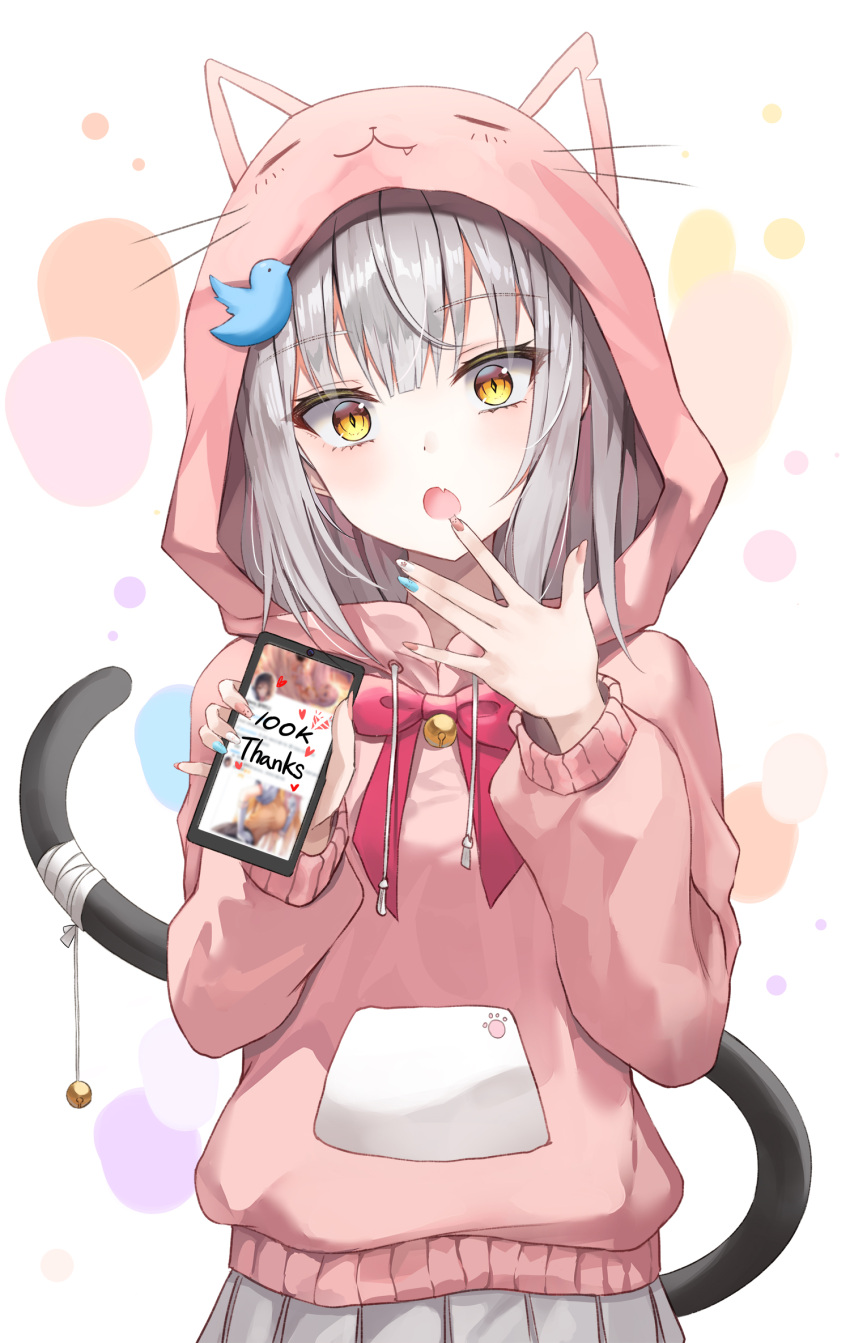 1girl :o animal_ears bow bowtie cat_tail fake_animal_ears fang grey_hair grey_skirt hand_up highres holding hood hoodie lkeris long_hair looking_at_viewer nail_polish open_mouth original phone pink_hoodie pleated_skirt skirt slit_pupils solo tail twitter_logo upper_body yellow_eyes