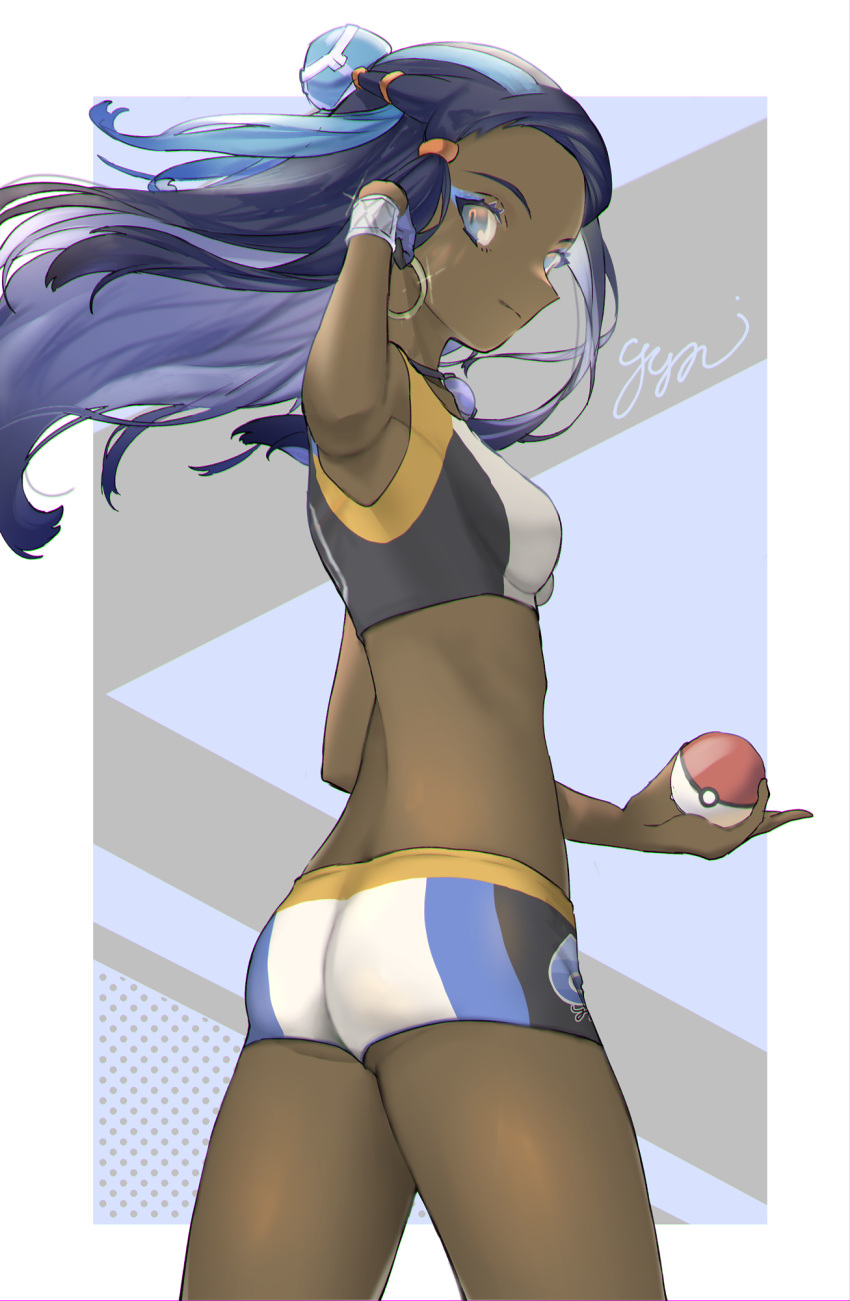 1girl ass black_hair blue_eyes blue_eyeshadow blue_hair breasts closed_mouth dark-skinned_female dark_skin earrings eyeshadow fujie-yz hair_bun hand_in_hair highres holding holding_poke_ball hoop_earrings jewelry looking_at_viewer makeup multicolored_hair nessa_(pokemon) poke_ball pokemon pokemon_(game) pokemon_swsh shorts signature small_breasts swimsuit tankini