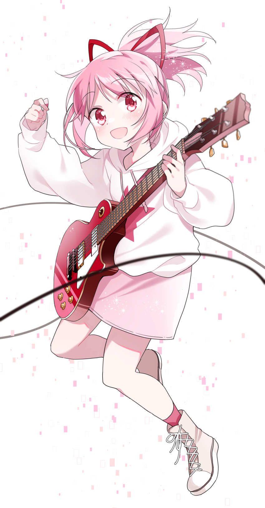 1girl absurdres alternate_costume alternate_hairstyle ayumaru_(art_of_life) beige_footwear blurry cable depth_of_field dot_nose electric_guitar eyebrows_visible_through_hair eyes_visible_through_hair flat_chest full_body glitch guitar hair_ribbon hand_up happy highres holding holding_instrument holding_plectrum hood hood_down hoodie instrument kaname_madoka light_blush long_sleeves looking_at_viewer mahou_shoujo_madoka_magica open_mouth pink_eyes pink_hair pink_legwear pink_skirt pink_theme plectrum ponytail puffy_long_sleeves puffy_sleeves red_ribbon ribbon shiny shiny_hair shoes simple_background skirt smile sneakers socks solo sparkle tareme white_background white_hoodie