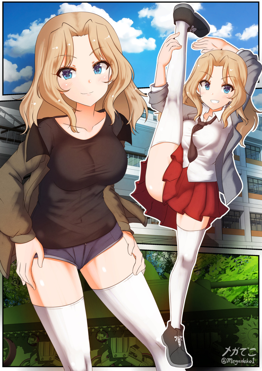 1girl aquaegg arms_up artist_name black_shirt blonde_hair blouse blue_eyes blue_footwear blue_shorts blue_sky building closed_mouth clouds cloudy_sky collared_blouse commentary cutoffs day denim denim_shorts eyebrows_visible_through_hair girls_und_panzer grin ground_vehicle hair_intakes hands_on_hips highres jacket kay_(girls_und_panzer) leg_hold leg_up long_hair looking_at_viewer m4_sherman military military_vehicle motor_vehicle multiple_views off_shoulder open_clothes open_jacket outdoors outline saunders_military_uniform saunders_school_uniform school_uniform shirt shoes short_shorts shorts signature sky sleeves_rolled_up smile sneakers split standing standing_on_one_leg standing_split tank thigh-highs twitter_username white_blouse white_legwear white_outline