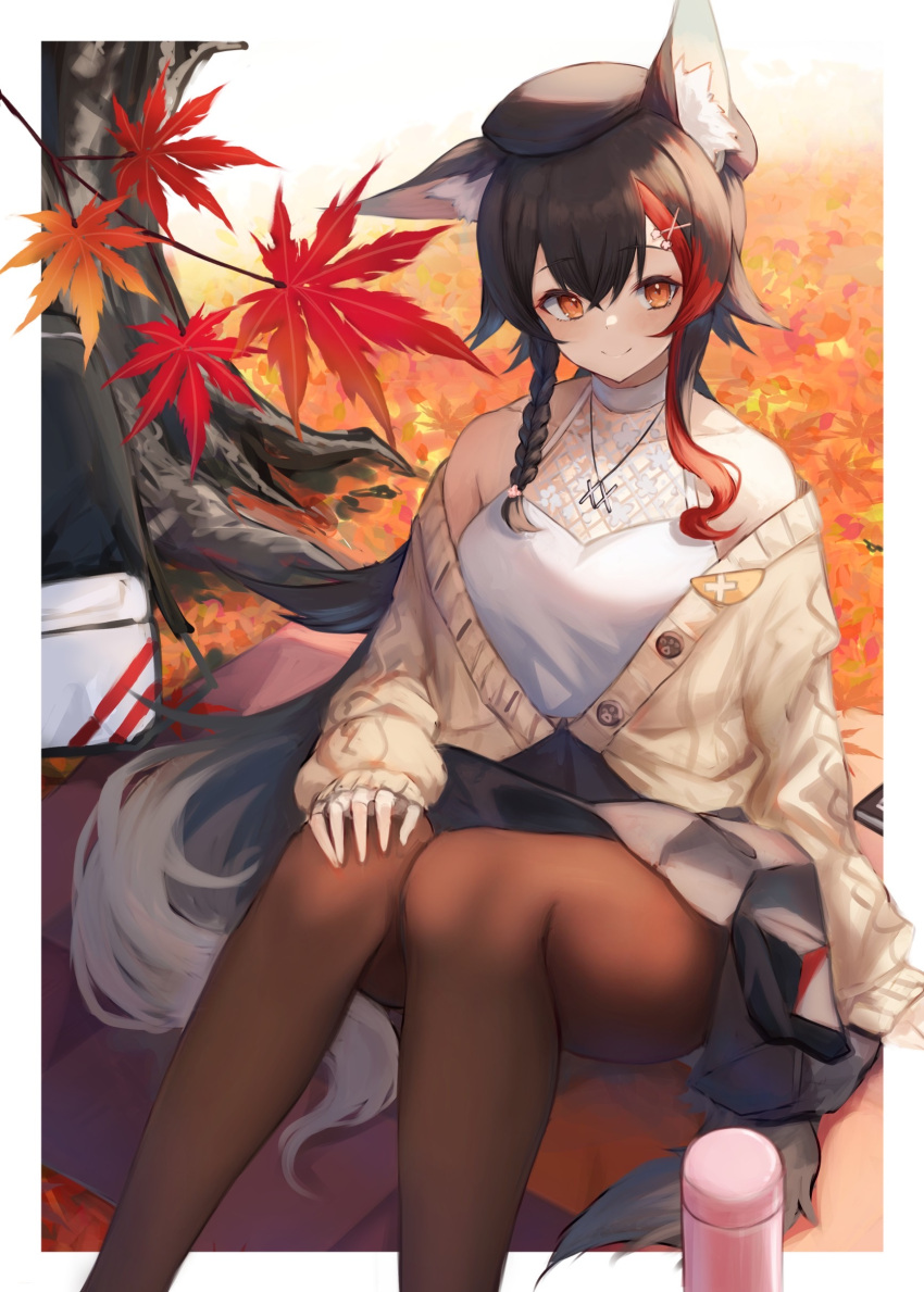 1girl absurdres animal_ear_fluff animal_ears autumn_leaves bangs bare_shoulders beret black_hair black_headwear black_skirt blush border braid brown_cardigan brown_eyes brown_legwear cardigan closed_mouth commentary_request eyebrows_visible_through_hair feet_out_of_frame hair_between_eyes hair_ornament hand_on_own_knee hat highres hololive inre_kemomimi long_hair long_sleeves looking_at_viewer multicolored_hair off_shoulder ookami_mio open_cardigan open_clothes pantyhose redhead shirt sitting skirt sleeveless sleeveless_shirt smile solo streaked_hair tail virtual_youtuber white_shirt wolf_ears wolf_girl wolf_tail x_hair_ornament