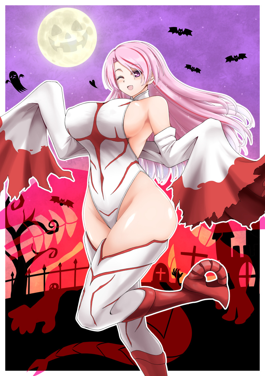 1girl absurdres alternate_costume boots breasts full_moon gradient_footwear halloween halloween_costume highres kantai_collection large_breasts leotard luigi_di_savoia_duca_degli_abruzzi_(kancolle) moon one_eye_closed pink_hair red_footwear sleeves_past_wrists solo suke_(share_koube) thigh-highs thigh_boots violet_eyes white_footwear white_leotard white_sleeves wide_sleeves