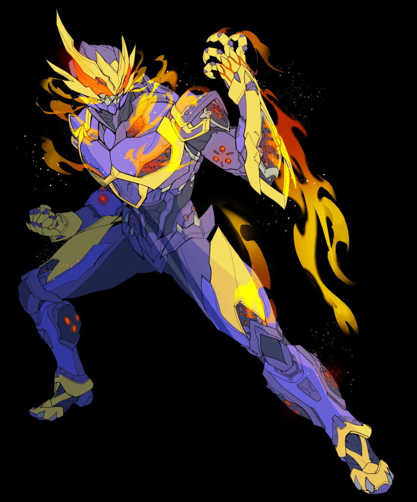 1boy absurdres asymmetrical_horns black_background catball1994 clenched_hand fighting_stance fire flame_print gold_horns highres horns kamen_rider kamen_rider_revi kamen_rider_revice open_hand orange_eyes purple_armor sharp_teeth simple_background stylistic teeth tyrannosaurus_rex volcano volcano_genome volcano_rex