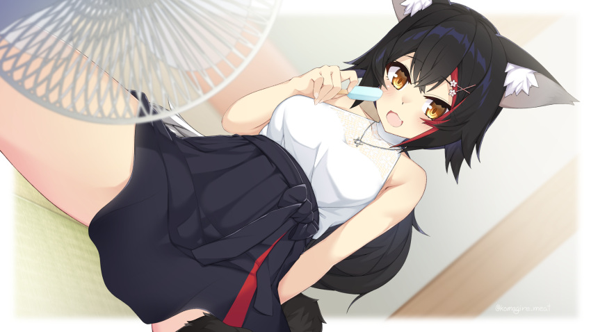 1girl animal_ear_fluff animal_ears arm_behind_back bangs black_hair black_skirt breasts commentary_request crossed_bangs electric_fan food hair_between_eyes hair_ornament hand_up highres holding holding_food hololive indoors jewelry long_hair looking_at_viewer medium_breasts multicolored_hair necklace ookami_mio open_mouth otaku_heishi pleated_skirt popsicle redhead shirt skirt sleeveless sleeveless_shirt solo spread_legs streaked_hair tail tail_around_leg two-tone_hair virtual_youtuber white_shirt wolf_ears wolf_tail x_hair_ornament yellow_eyes