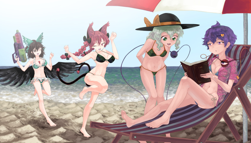 4girls absurdres animal_ears barefoot beach bikini black_headwear black_wings bow braid breasts brown_hair cat_ears cat_tail chair collarbone eyeball green_bikini green_bow green_eyes green_hair hair_bow hat hat_bow hat_ribbon heart heart_of_string highres kaenbyou_rin komeiji_koishi komeiji_satori large_breasts medium_breasts midriff multiple_girls multiple_tails navel ocean pink_shirt redhead reiuji_utsuho ribbon sand shirt short_sleeves siblings sisters small_breasts stomach sun_hat sunyup swimsuit tail third_eye touhou umbrella water_gun wavy_hair wings yellow_ribbon