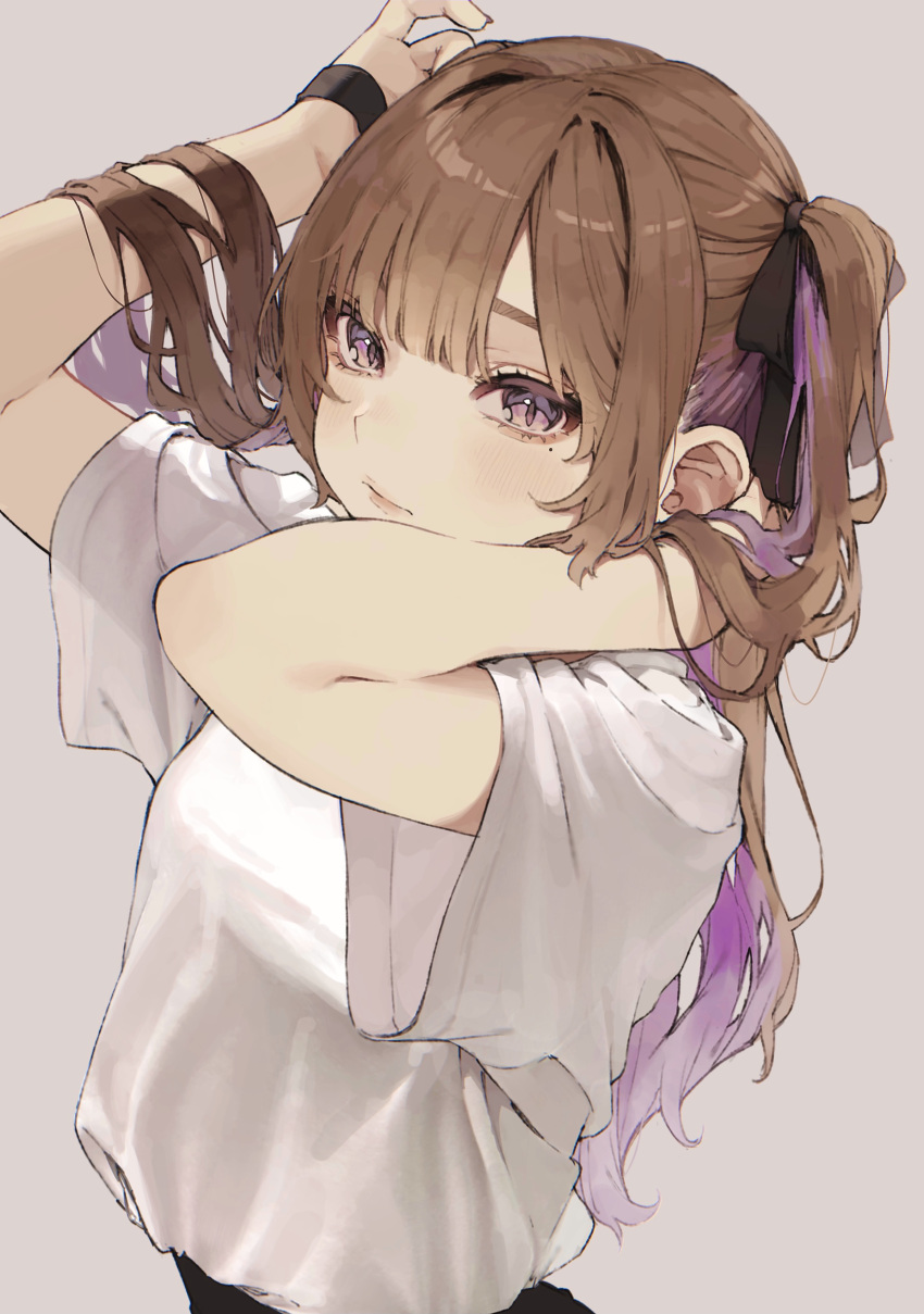 1girl absurdres arms_up black_ribbon blush breasts brown_hair closed_mouth colored_inner_hair commentary daluto_(hitomi555) expressionless eyelashes grey_background hair_intakes hair_ribbon hands_in_hair highres lips long_hair looking_at_viewer medium_breasts mole mole_under_eye multicolored_hair original purple_hair revision ribbon shirt short_sleeves simple_background solo t-shirt two-tone_hair two_side_up upper_body violet_eyes white_shirt wristband
