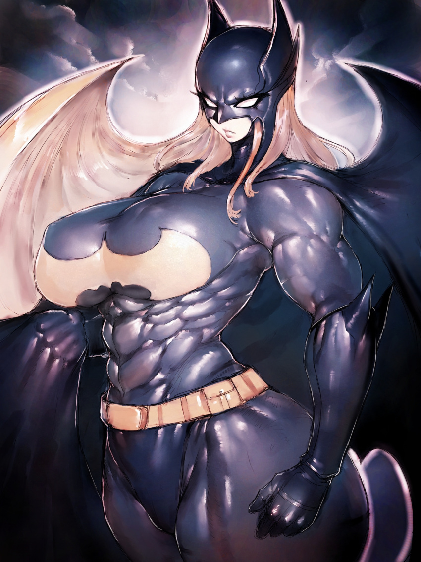 1girl abs animal_ears bat_ears batgirl batman_(series) belt black_cape black_gloves blank_eyes blonde_hair bodysuit breasts cape clenched_hand dc_comics fumio_(rsqkr) gloves highres holding holding_cape holding_clothes huge_breasts long_hair looking_at_viewer muscular muscular_female pale_skin stephanie_brown superhero toned utility_belt white_eyes wide_hips