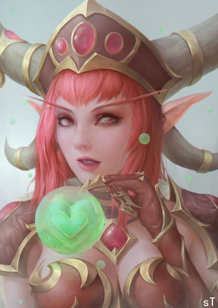 1girl absurdres alexstrasza armor bangs dragon_girl dragon_horns gauntlets gem gold_trim highres horns jewelry monster_girl portrait redhead shoulder_armor stxlsl warcraft world_of_warcraft