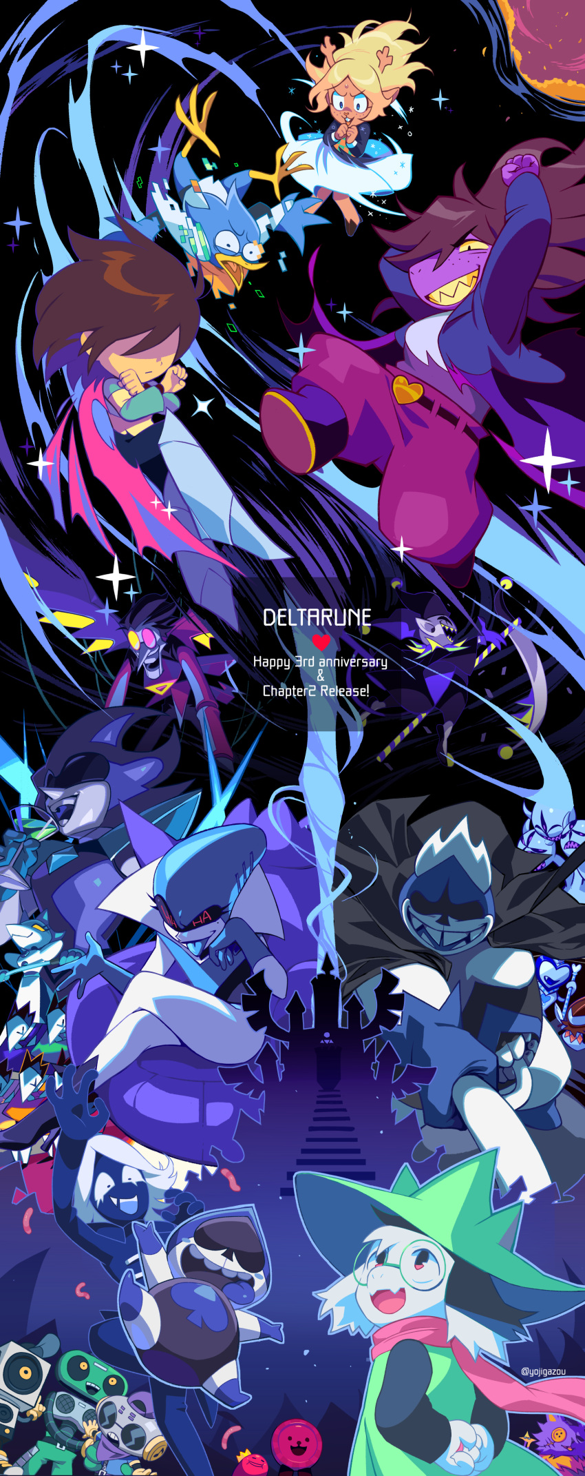 4girls 6+boys 6+others absurdres androgynous animal_ears anniversary antlers armored_boots arms_behind_back artist_name beak berdly_(deltarune) bird_boy black_eyes blonde_hair blue_skin blue_tongue blush_stickers body_fur boots brown_hair buck_teeth button_eyes c._round cap'n_(deltarune) cape castle clover_(deltarune) cocktail_glass colored_sclera colored_skin colored_tongue commentary_request copyright_name crossed_legs cup deer_girl deltarune diffraction_spikes digital_dissolve drinking_glass everyone fangs fewer_digits freckles furry giga_queen_(deltarune) glasses gloves hat head_hathy_(deltarune) heart highres hooves jester_cap jevil k_k_(deltarune) king_(deltarune) kris_(deltarune) lancer_(deltarune) long_hair looking_up mole mole_under_eye multiple_boys multiple_girls multiple_others no_eyes no_pupils noelle_holiday nubert_(deltarune) one-eyed open_mouth pointy_ears pointy_nose purple_hair purple_skin queen_(deltarune) ralsei round_eyewear rouxls_kaard rudinn_ranger_(deltarune) scarf scythe seam_(deltarune) sharp_teeth short_hair sitting snout spade_(shape) spamton_g._spamton spamton_neo starwalker_(deltarune) sunglasses susie_(deltarune) swatchling_(deltarune) sweet_(deltarune) tasque_manager_(deltarune) teeth tongue tongue_out white_hair wings worms x_arms yellow_eyes yellow_sclera yellow_skin yojio_(2188)