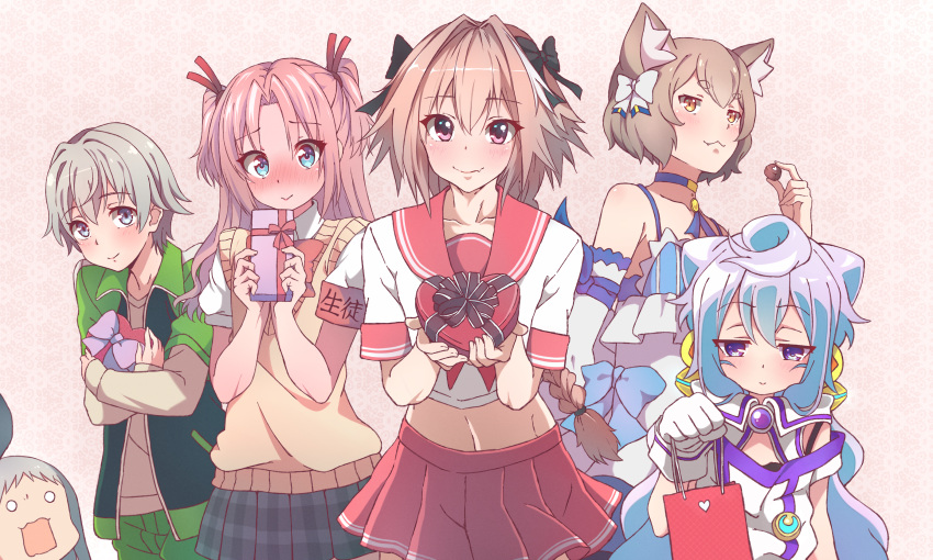 6+boys :&gt; :3 animal_ear_fluff animal_ears arikawa_hime armband arms_up astolfo_(fate) bag bangs bare_shoulders blend_s blue_choker blue_eyes blue_hair blue_skirt blush box braid braided_ponytail brooch cat_ears chocolate choker collarbone cowboy_shot crossed_arms crossover dress elbow_gloves embarrassed eyebrows_visible_through_hair fang fang_out fate/grand_order fate_(series) felix_argyle food gift gift_bag gift_box gloves green_pants hacka_doll hacka_doll_3 hair_between_eyes hair_ribbon heart-shaped_box highres himegoto holding holding_bag holding_box holding_chocolate holding_food jacket jewelry kanzaki_hideri kukie-nyan leaning_forward light_brown_hair long_hair long_sleeves looking_at_another looking_at_viewer male_focus midriff multiple_boys multiple_crossover o_o object_hug open_mouth orange_eyes otoko_no_ko pants pantyhose parted_bangs pink_background pink_eyes pink_hair plaid plaid_skirt pleated_skirt re:zero_kara_hajimeru_isekai_seikatsu red_sailor_collar red_skirt ribbon sailor_collar school_uniform serafuku shirt short_hair short_sleeves silver_hair single_braid skirt sleeveless sleeveless_dress smile sweater_vest totsuka_saika track_jacket trait_connection twintails upper_body valentine violet_eyes white_gloves white_shirt yahari_ore_no_seishun_lovecome_wa_machigatteiru.