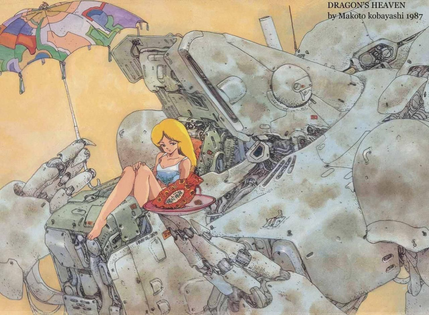 1980s_(style) 1987 1girl aic bare_legs barefoot blonde_hair blue_eyes closed_mouth cockpit copyright_name cyberpunk damaged dated dirty dragon dragon's_heaven english_text hand_on_own_knee holding holding_umbrella ikuuru kobayashi_makoto_(illustrator) legs logo long_hair looking_at_viewer machinery mecha moebius_(style) official_art open_hatch parasol pilot_chair production_art promotional_art retro_artstyle robot scan shaian_(robot) signature simple_background sitting smile tank_top umbrella yellow_background