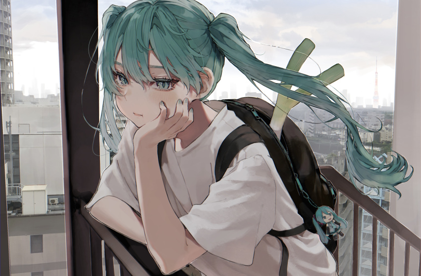 1girl :i absurdres aqua_eyes aqua_nails arm_support backpack bag bag_charm bangs black_bag blush building charm_(object) cheek_rest city cityscape closed_mouth clouds cloudy_sky commentary_request daluto_(hitomi555) elbow_rest eyelashes fingernails hand_on_own_cheek hand_on_own_face hatsune_miku highres leek light_blush long_hair looking_at_viewer mikudayoo nail_polish outdoors partial_commentary railing rooftop shirt short_sleeves sidelocks sky skyline sleeveless solo spring_onion standing tower twintails upper_body vocaloid white_shirt wind zipper_pull_tab