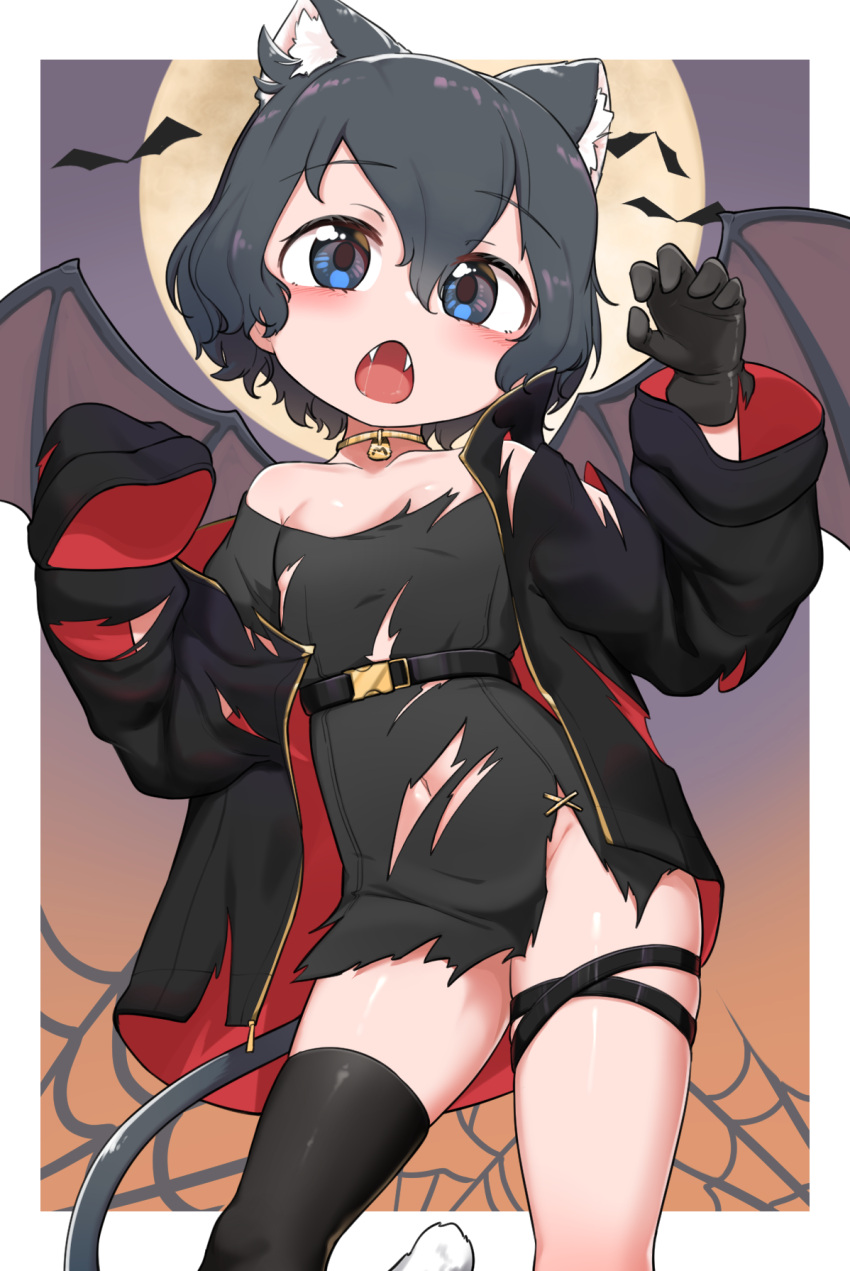 1girl animal_ears bangs bat bell belt black_belt black_dress black_gloves black_hair black_jacket black_legwear black_wings blue_eyes border cat_ears cat_tail chis_(js60216) claw_pose commentary cowboy_shot demon_wings dress eyebrows_visible_through_hair fangs full_moon gloves halloween halloween_costume highres jacket kaban_(kemono_friends) kemono_friends kemonomimi_mode long_sleeves looking_at_viewer microdress moon navel neck_bell open_clothes open_jacket open_mouth outside_border short_hair single_thighhigh skindentation sleeves_past_fingers sleeves_past_wrists solo standing tail thigh-highs thigh_strap torn_clothes torn_dress torn_jacket white_border wings