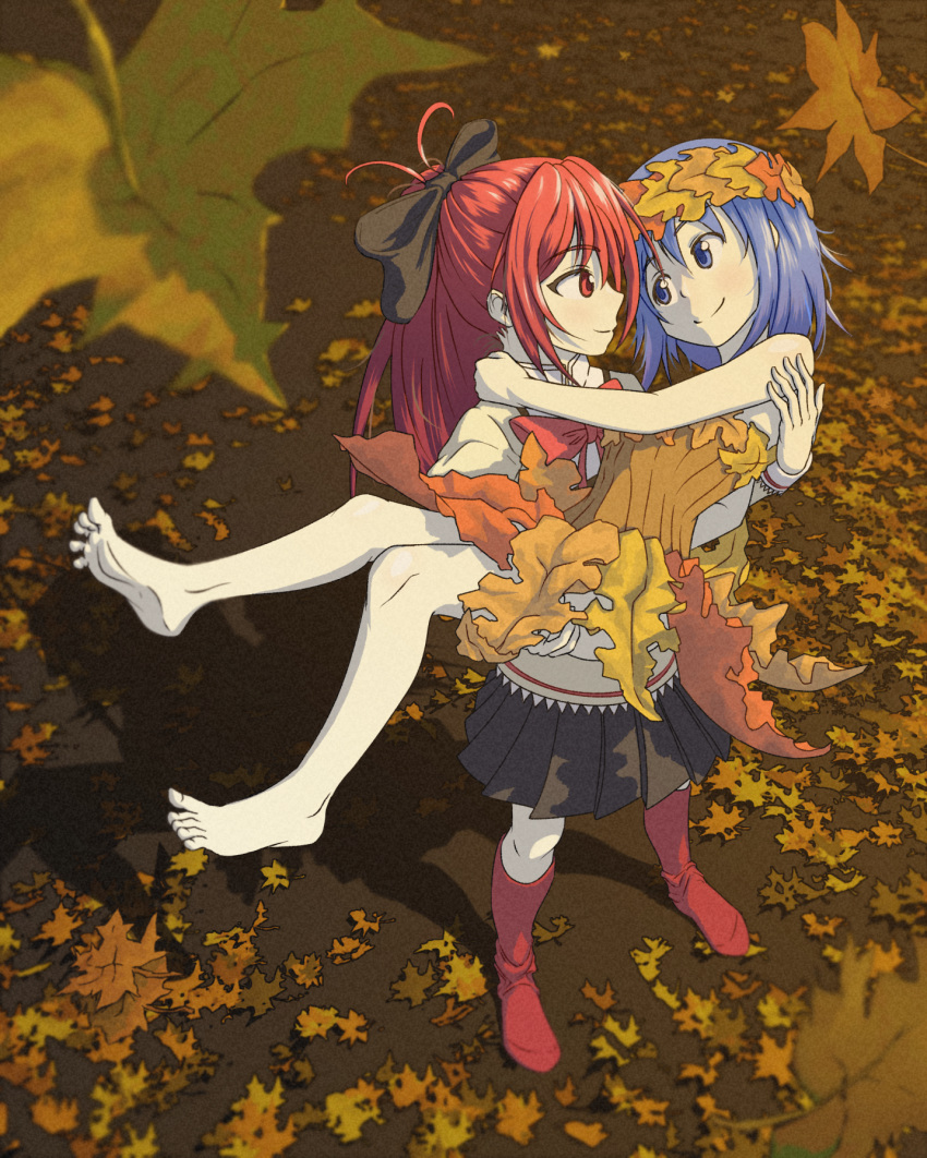 2girls alternate_costume autumn_leaves barefoot blue_eyes blue_hair carrying drawfag highres long_hair mahou_shoujo_madoka_magica miki_sayaka mitakihara_school_uniform multiple_girls ponytail princess_carry red_eyes redhead ribbon sakura_kyouko school_uniform short_hair smile